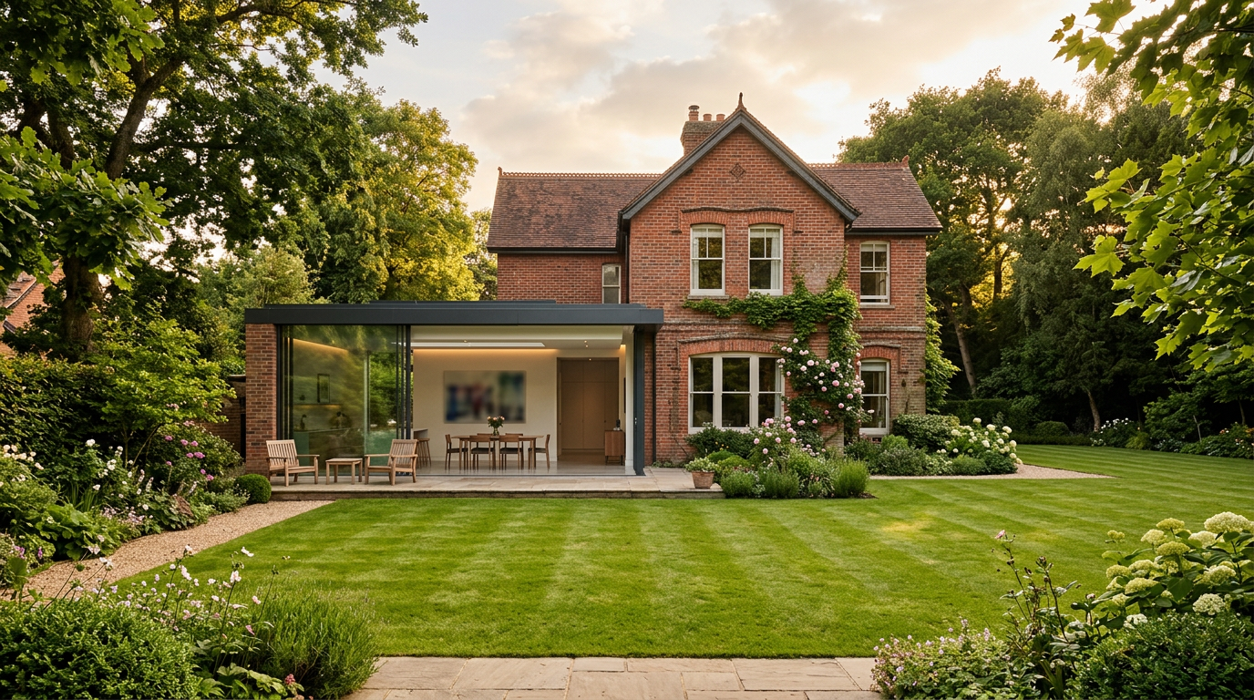 Period brick house with a contemporary glass rear extension opening onto a lawn at golden hour